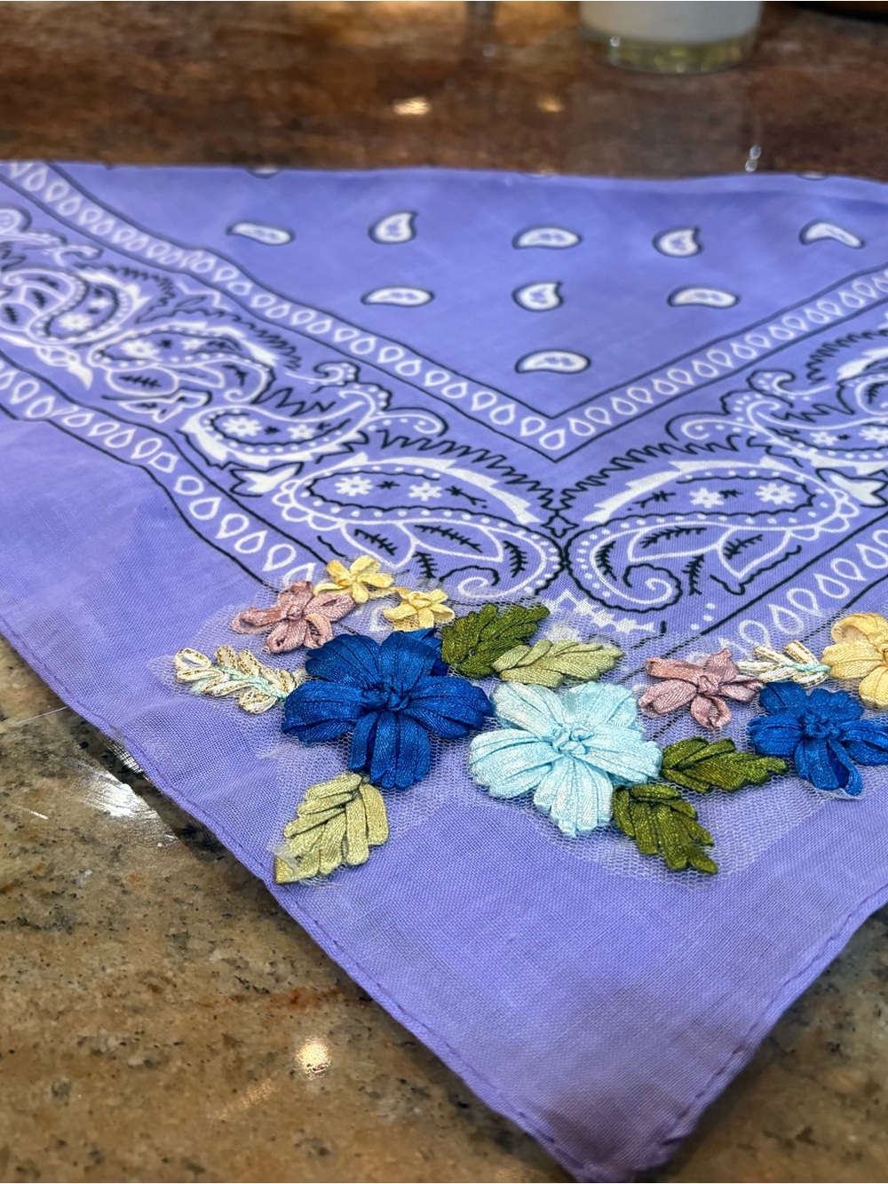 ARATTA Lavender Paisley Bandana Scarf with Embroidered Floral Appliqué. NWOT